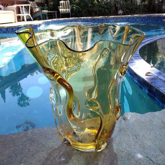 Unique Large Lite Amber Empoli Glass Styled Hand Blown...